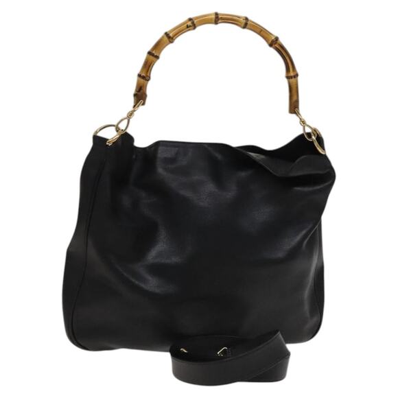 GUCCI Bamboo Hand Bag Leather Black Gold 001 2058 1577 0 - Picture 1 of 16